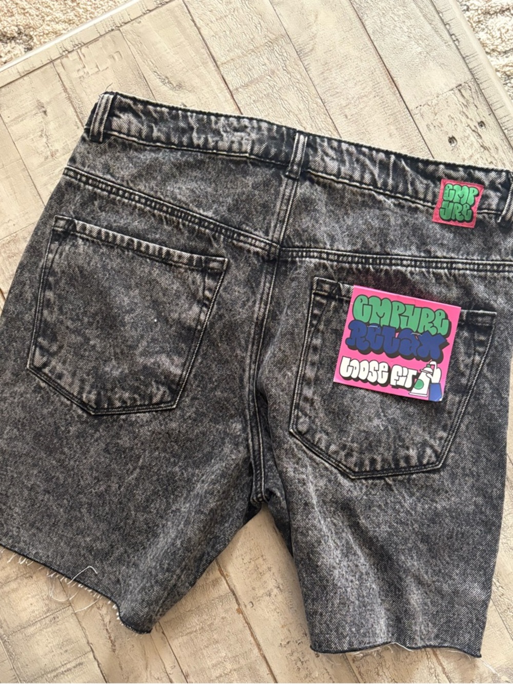 Empyre Washed Black Denim Shorts with Green Logo - Picture 7 of 7